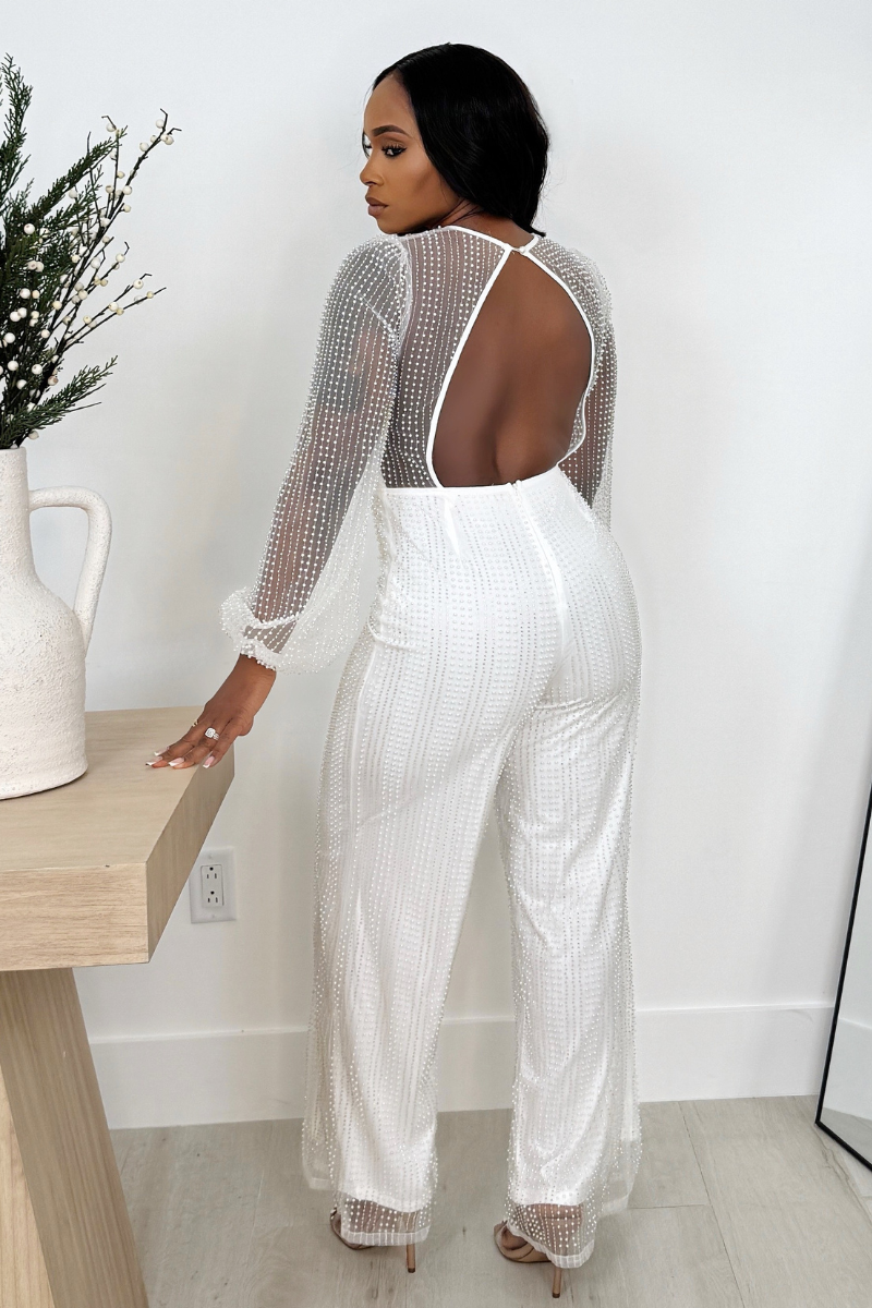 Diamonds & Pearls Open Back Jumpsuit (White)