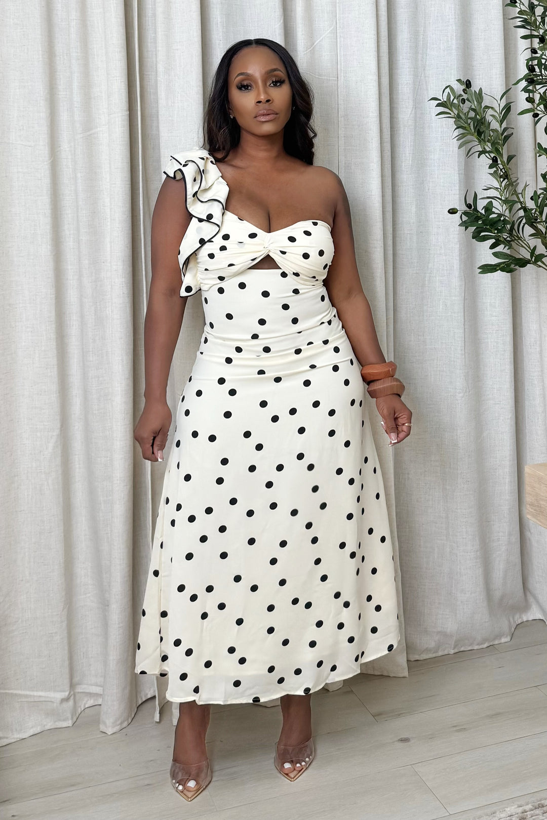 Don’t Ruffle My feathers one shoulder midi dress (Black & Cream)