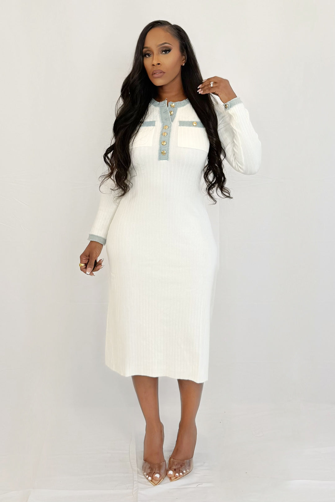 Denim Trim Desire Ribbed Dress(white)