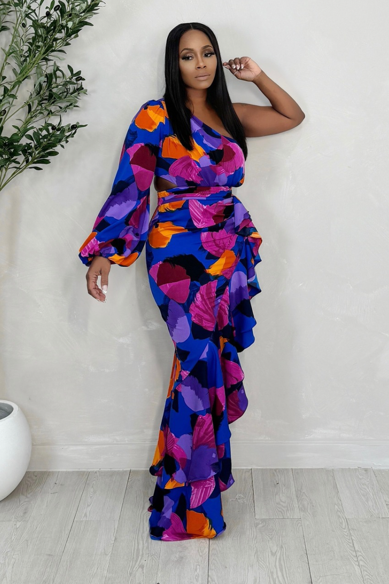 Full Attention Asymmetrical Ruffle Dress Royal Blue Multi Polkadotz Boutique