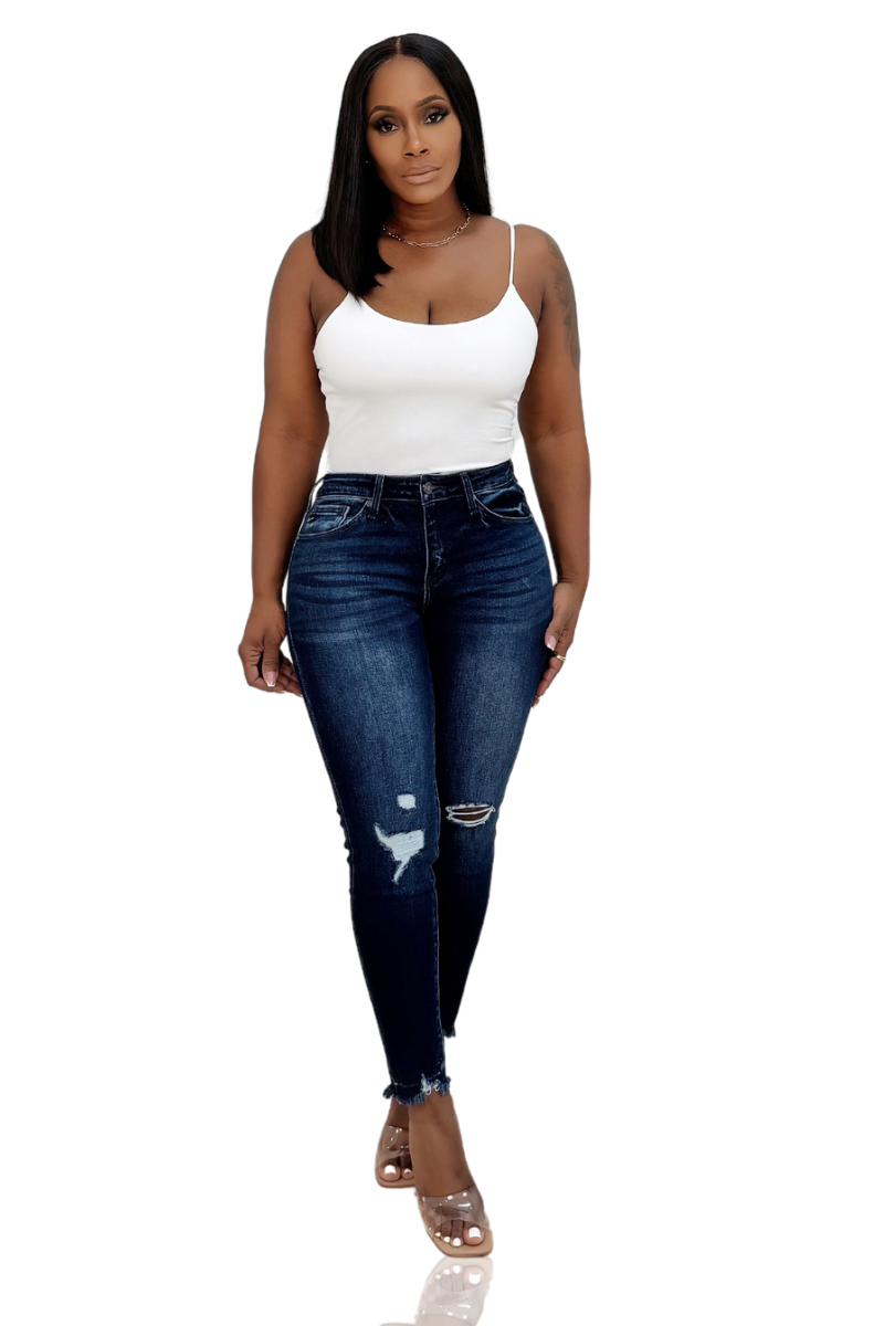 Mid Rise Fray Hem Denim (Dark Wash)