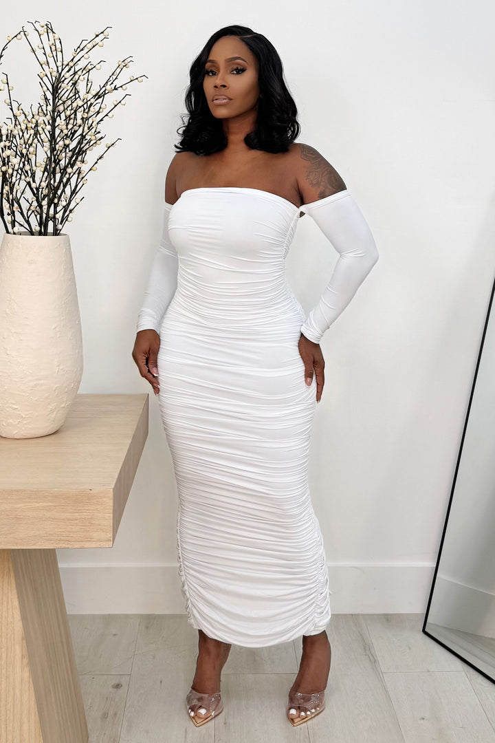Ruching Mesh Tube Midi Dress (White)