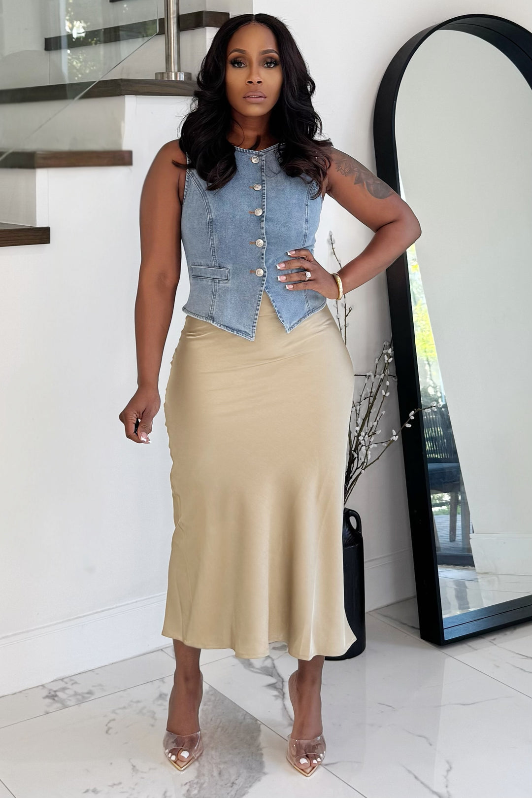 Chic Speaks High Waist Midi Silk Skirt (Beige)