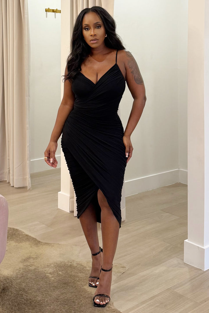 Lap Over Ruched Midi Dress (Black)