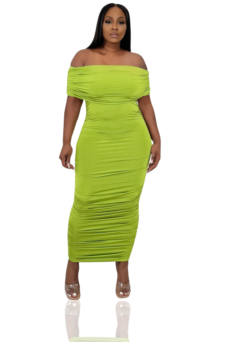 Neon Lights Ruched Midi Dress (Lime)  Polkadotz Boutique