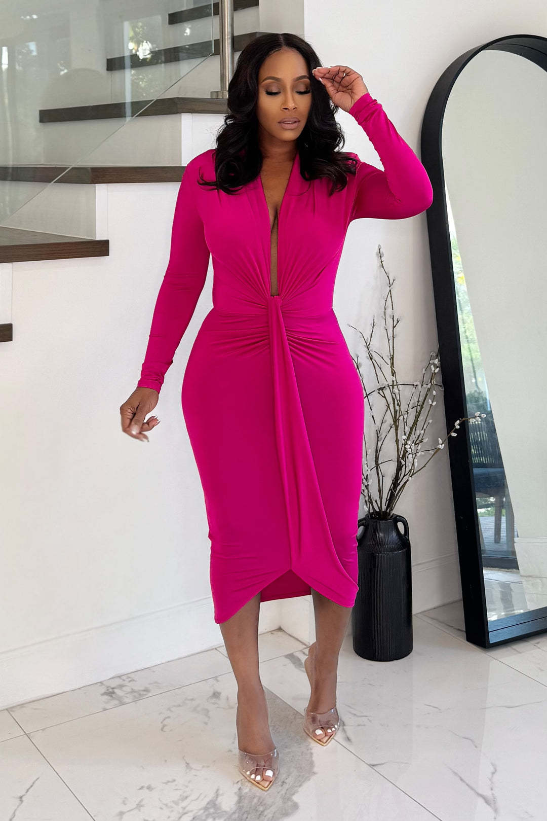 Take Me Out Midi Ruched Dress(Pink)