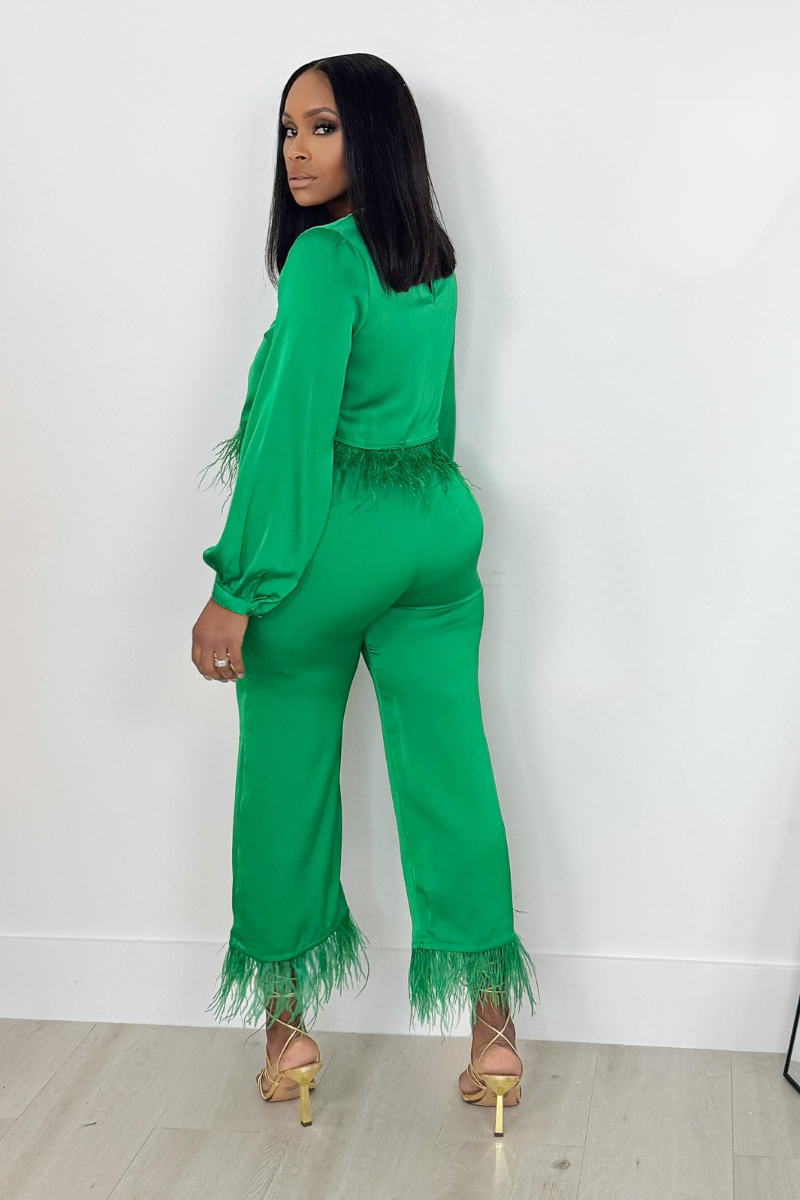 Little Miss Extra Feather Pant Set (Emerald Green)