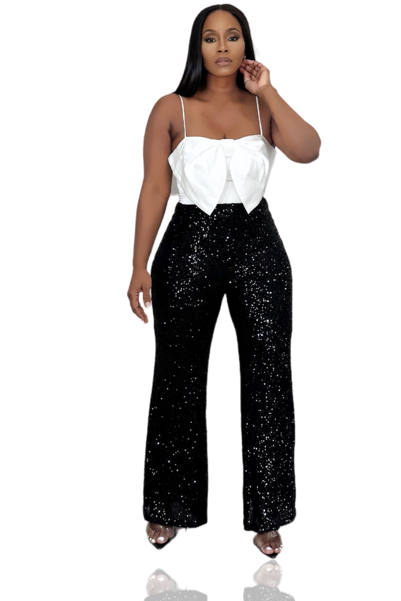 Shine For You Sequins & Bow Jumpsuit (Black & Ivory)