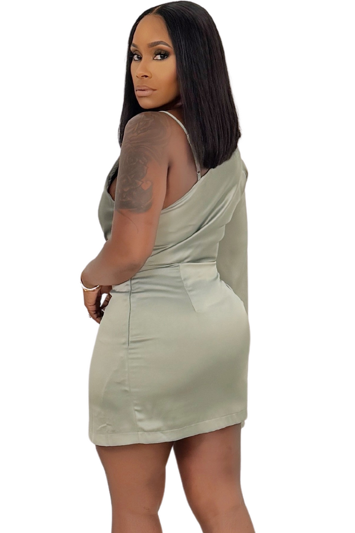 Draped Differently Mini One Sleeve Dress (Sage)