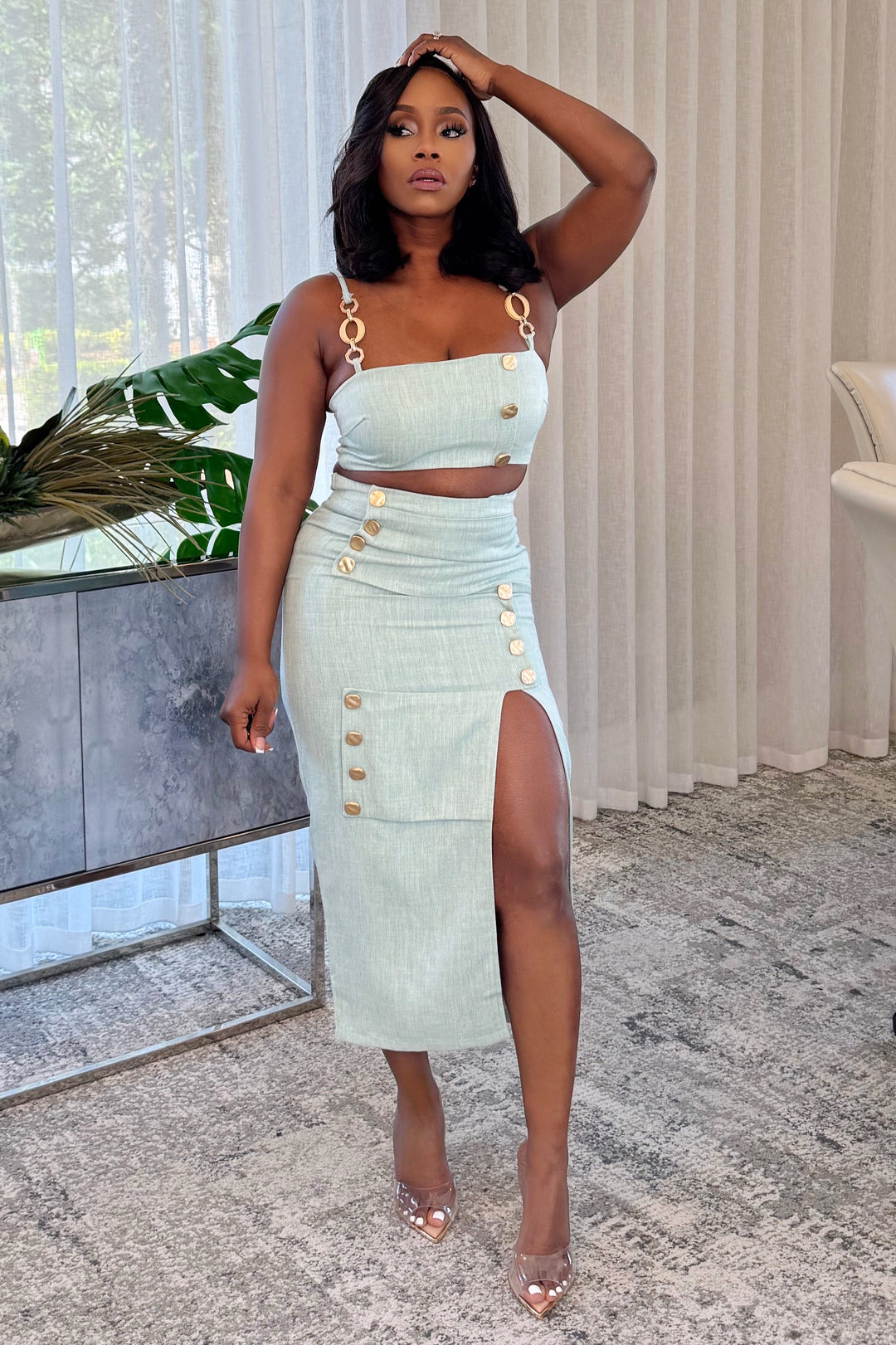 Sea Breeze High Slit Skirt Set (Mint)