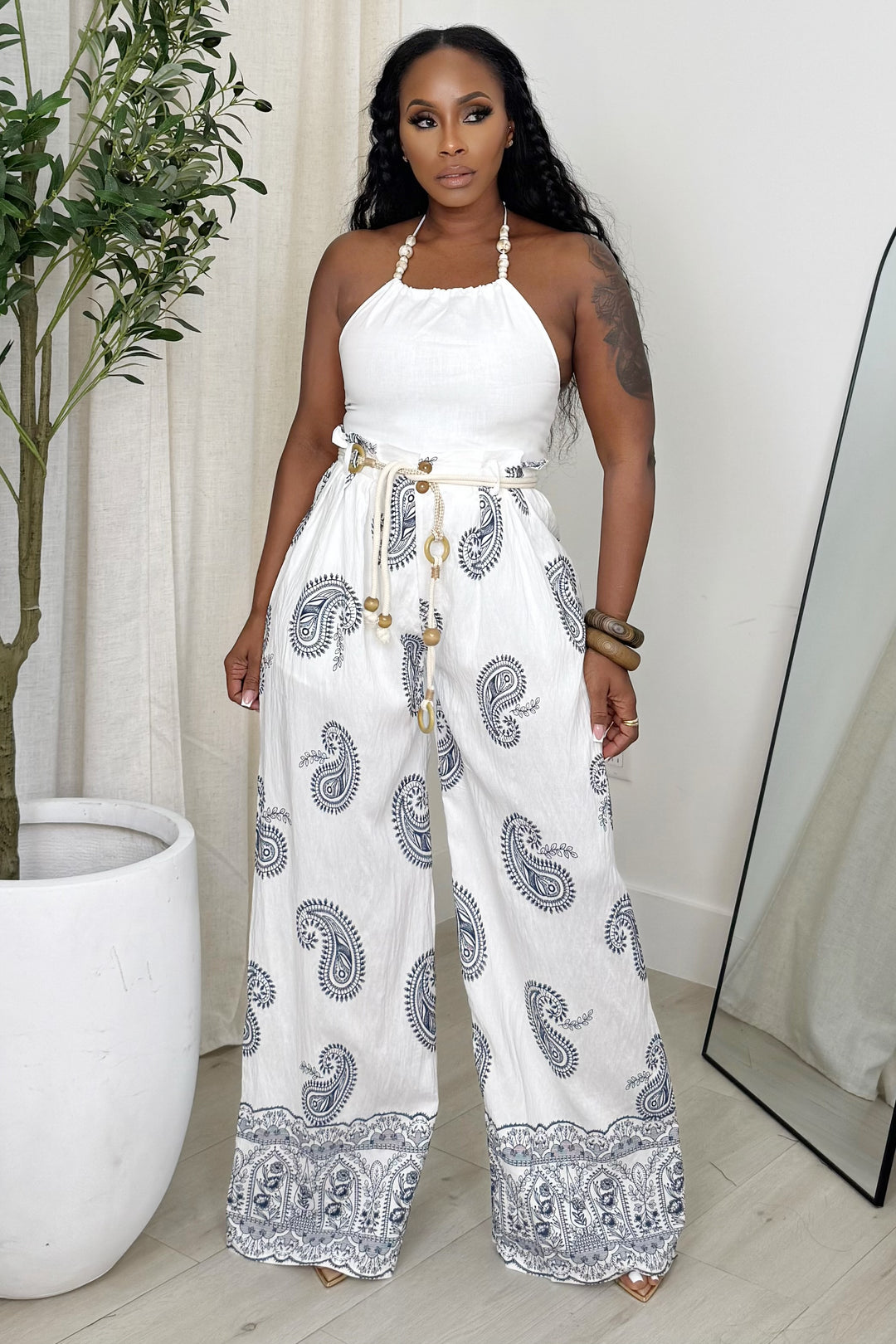 Paisley Printed High waist Pant (White)