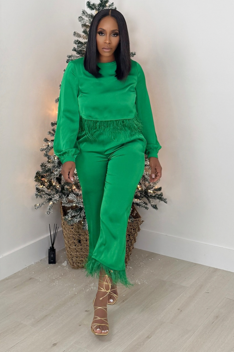 Little Miss Extra Feather Pant Set (Emerald Green)