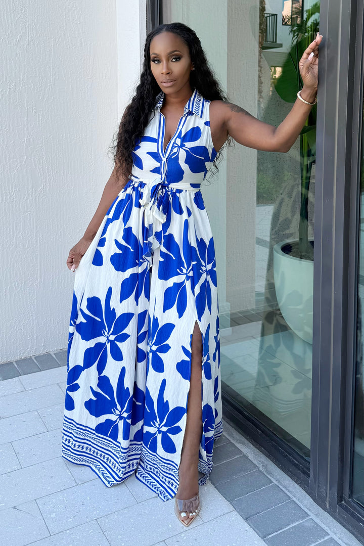 Santorini Bloom Maxi Dress (Blue & white)