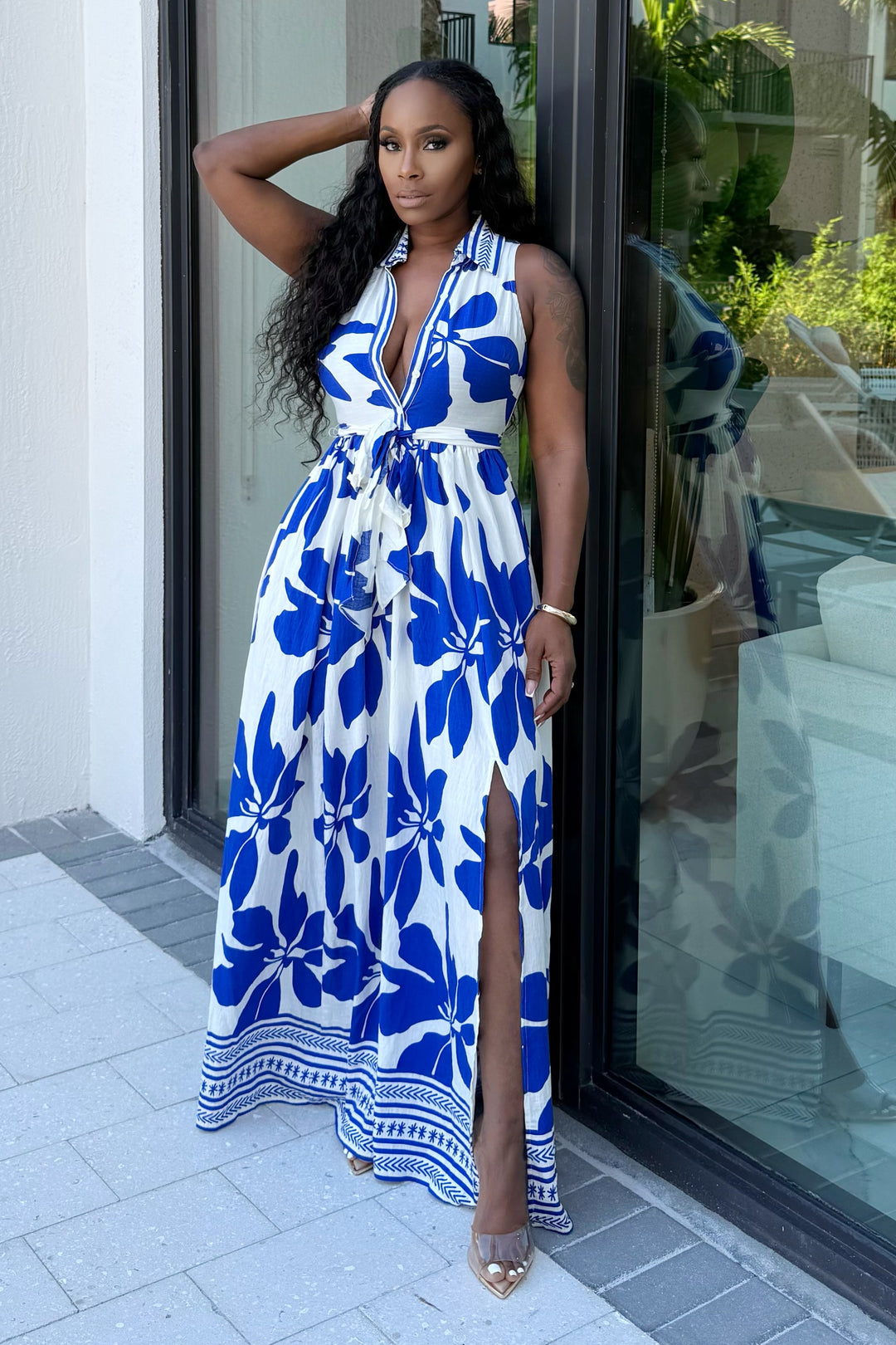 Santorini Bloom Maxi Dress (Blue & white)