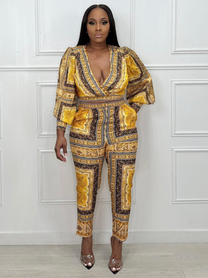Paisley Print Pencil Pant Set (Mustard/Black)