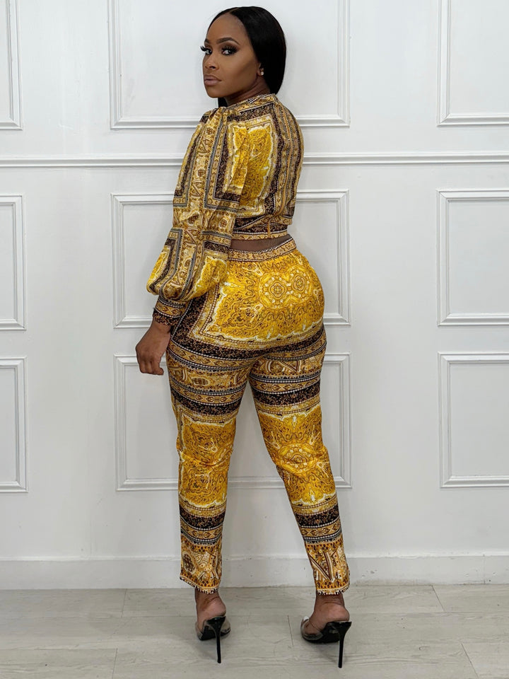 Paisley Print Pencil Pant Set (Mustard/Black)
