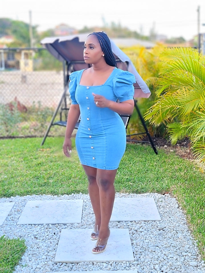 Puff Sleeves Denim Dress