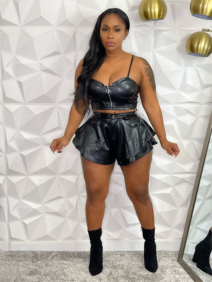 Leather Short And Crop Top Set