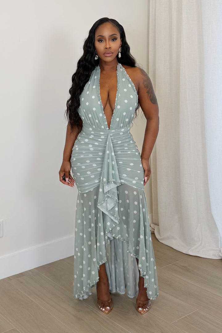 Soft Sage Polka Dot Halter Dress