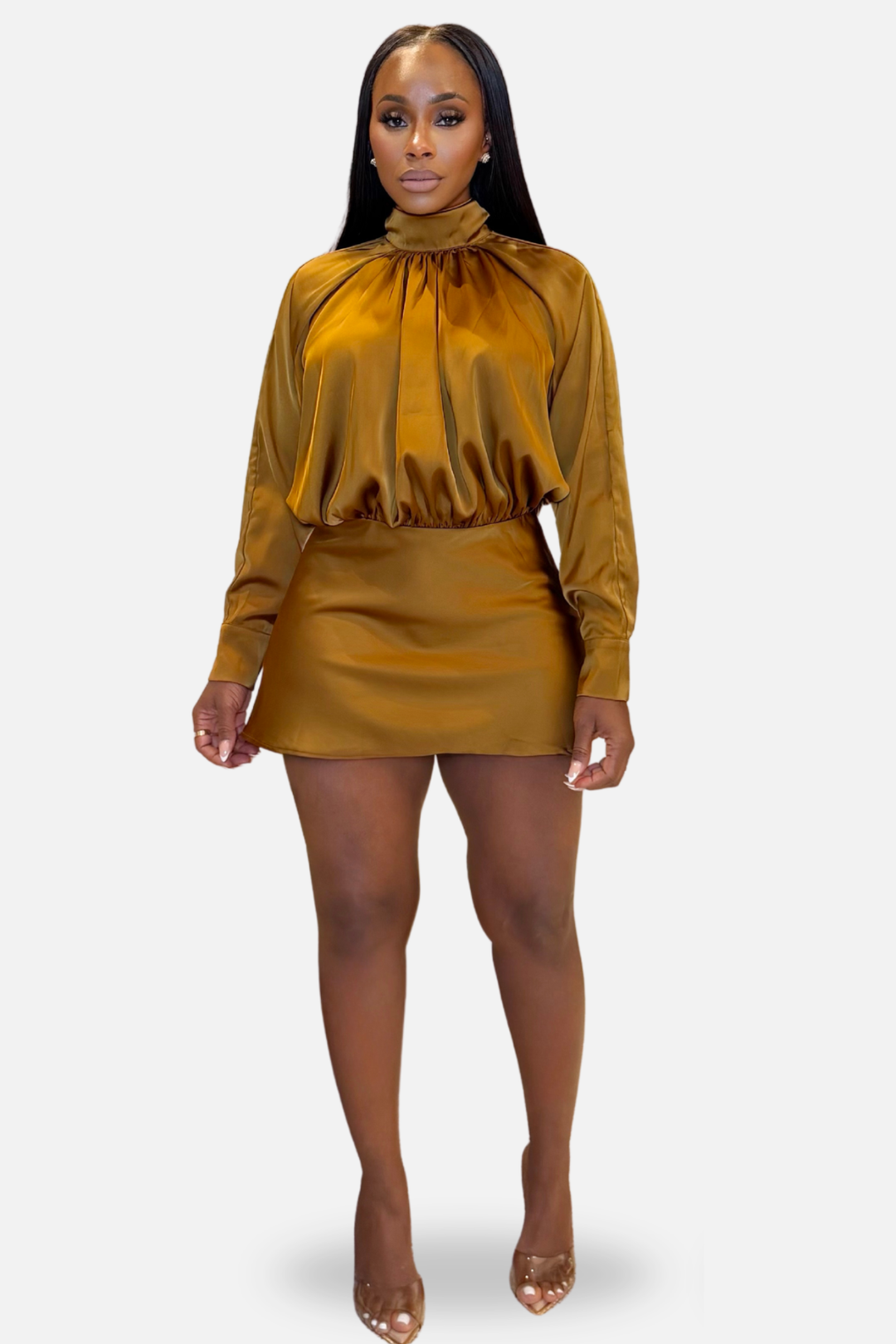 The Aurelia Satin High-Neck Mini Dress [Golden Bronze]