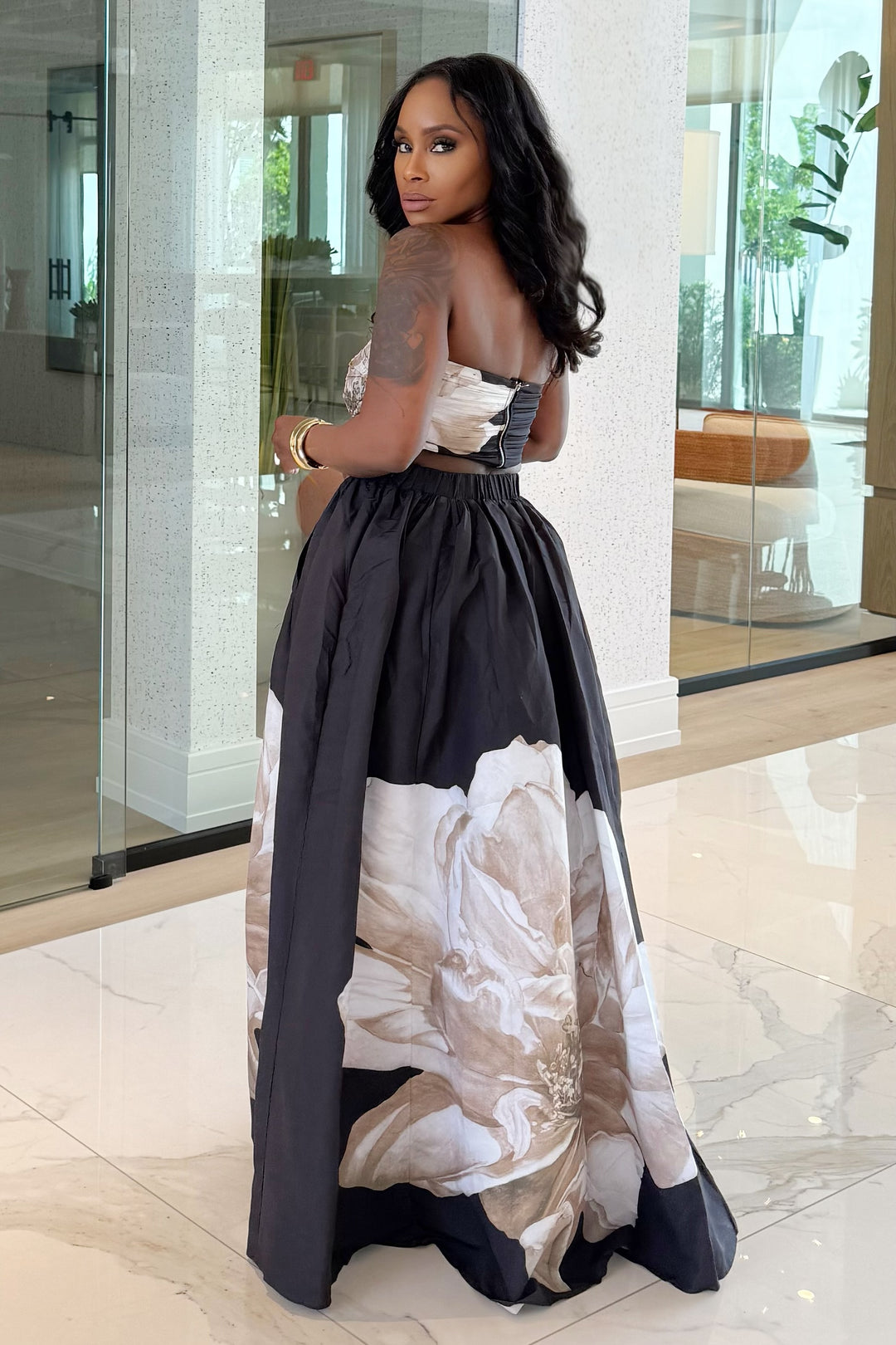 The Bloom Statement Maxi Skirt Set (Black)