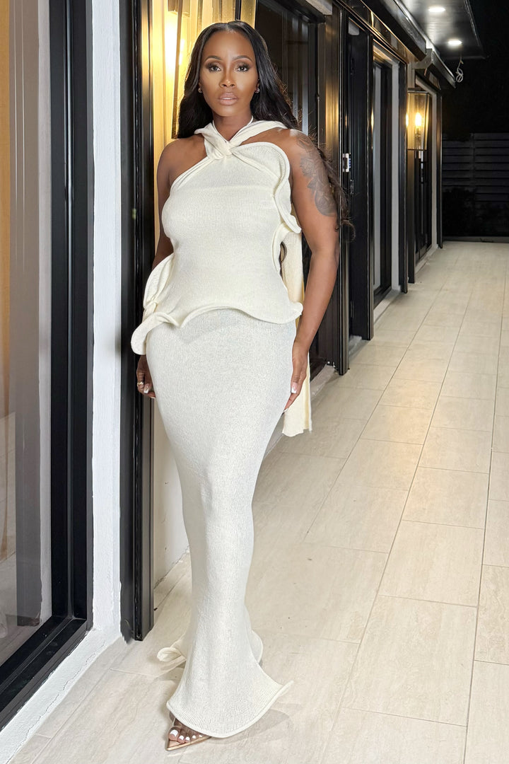 Ruffle halter knit Moxie dress (Ivory)