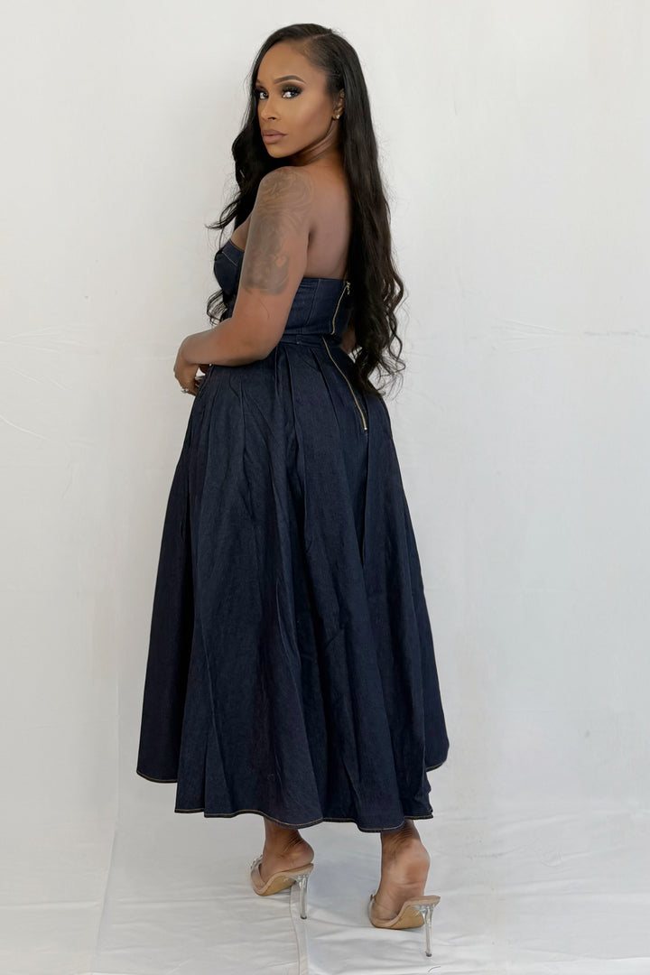 Midnight Muse Tube Midi Dress (Denim)