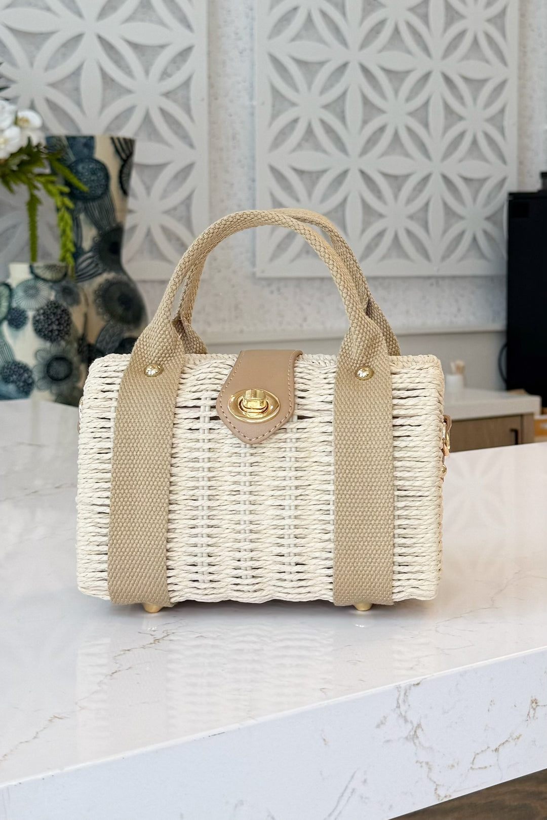 Two Tone Natural Straw Bag