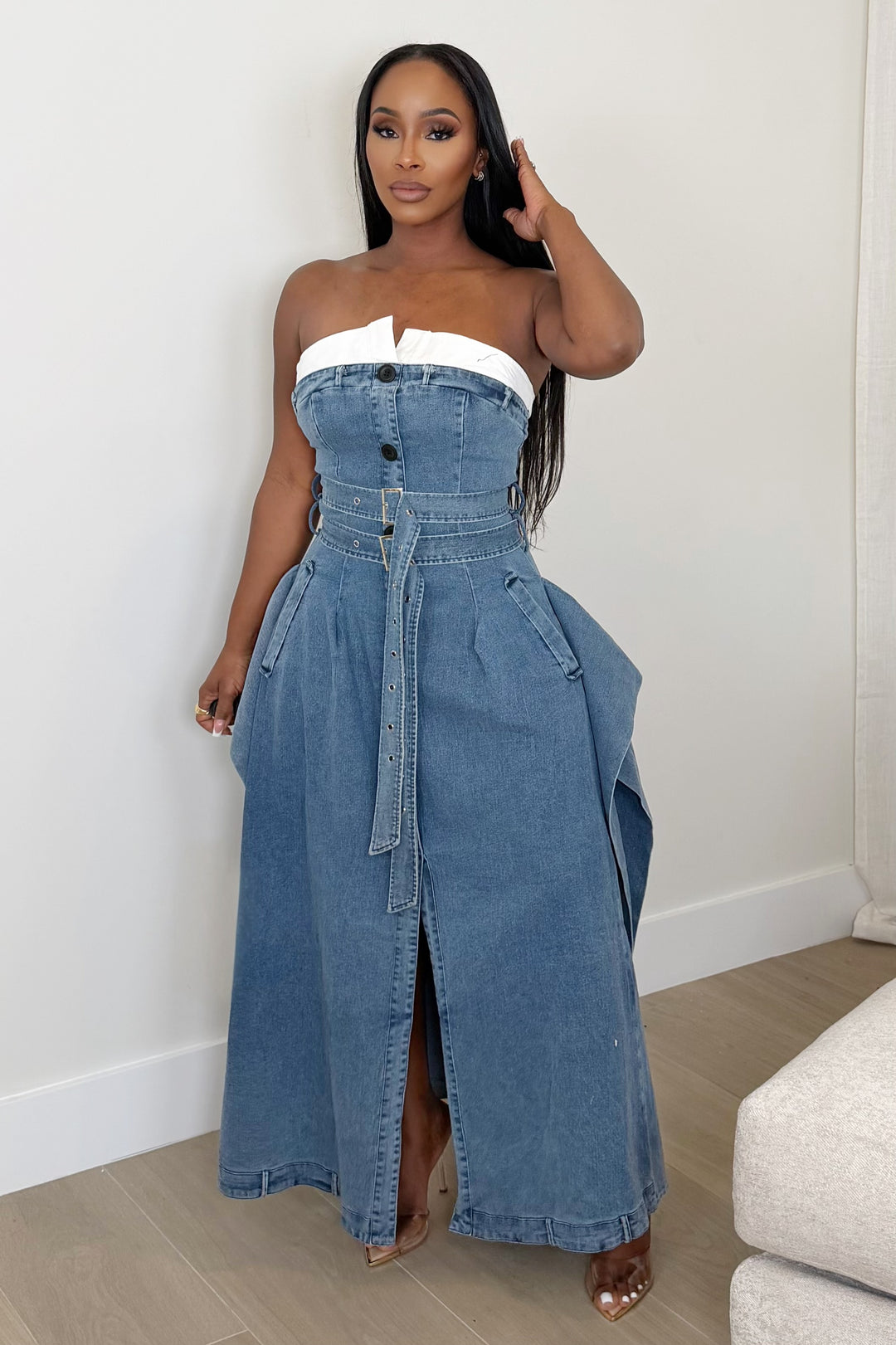 Soft Structure Denim Dress [Medium Wash]