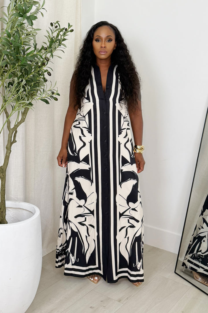 Down the middle floral button up dress (black & Ivory)