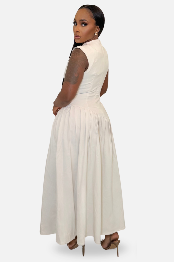 The Elodie Asymmetric Pleated Maxi Dress [Ivory]