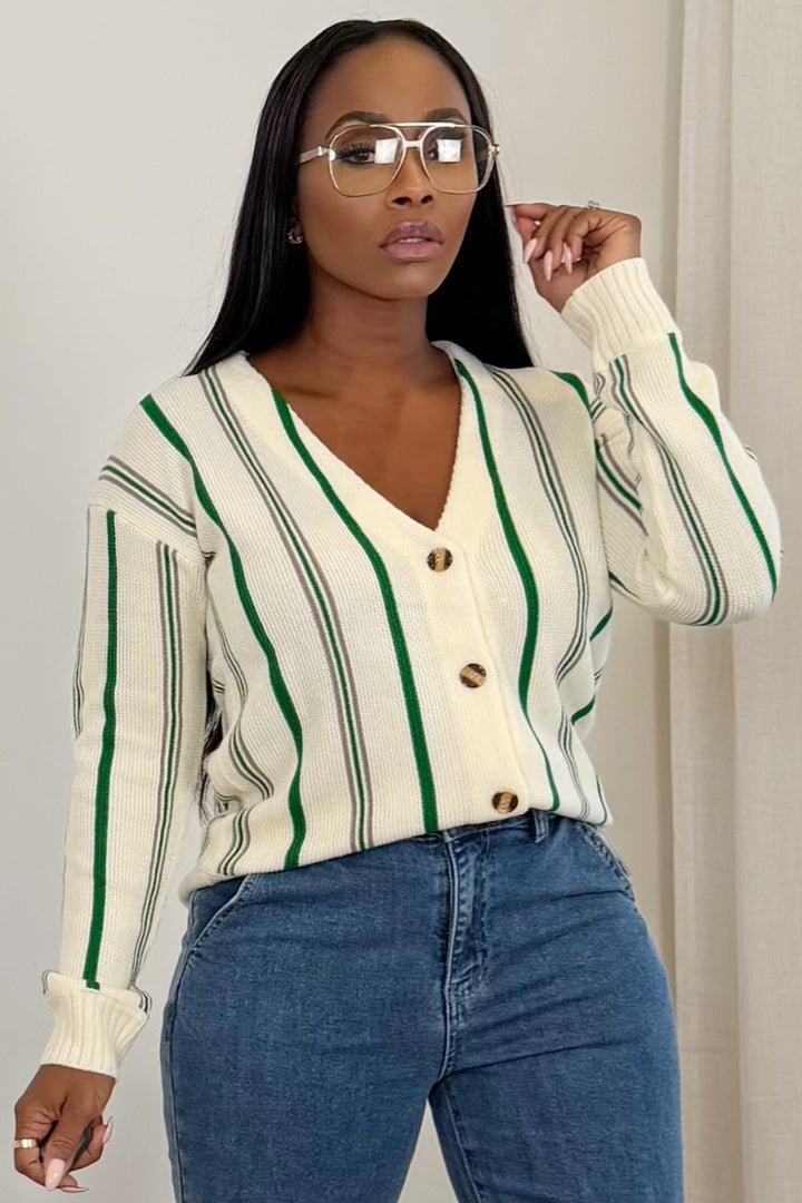 Varsity Chic Knit Cardigan [Ivory/Green]