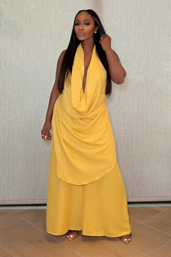 The Riviera Cowl Halter Wide Leg Set [Yellow]