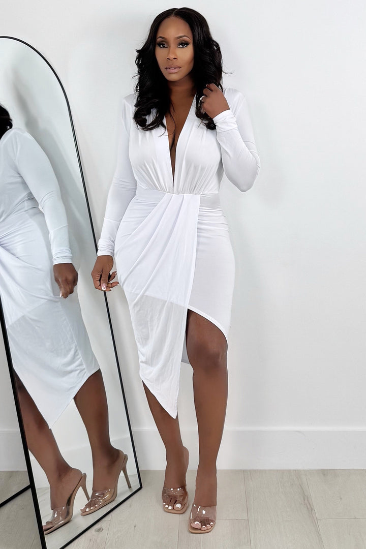 Wrap Asymmetrical Draped Dress (White)