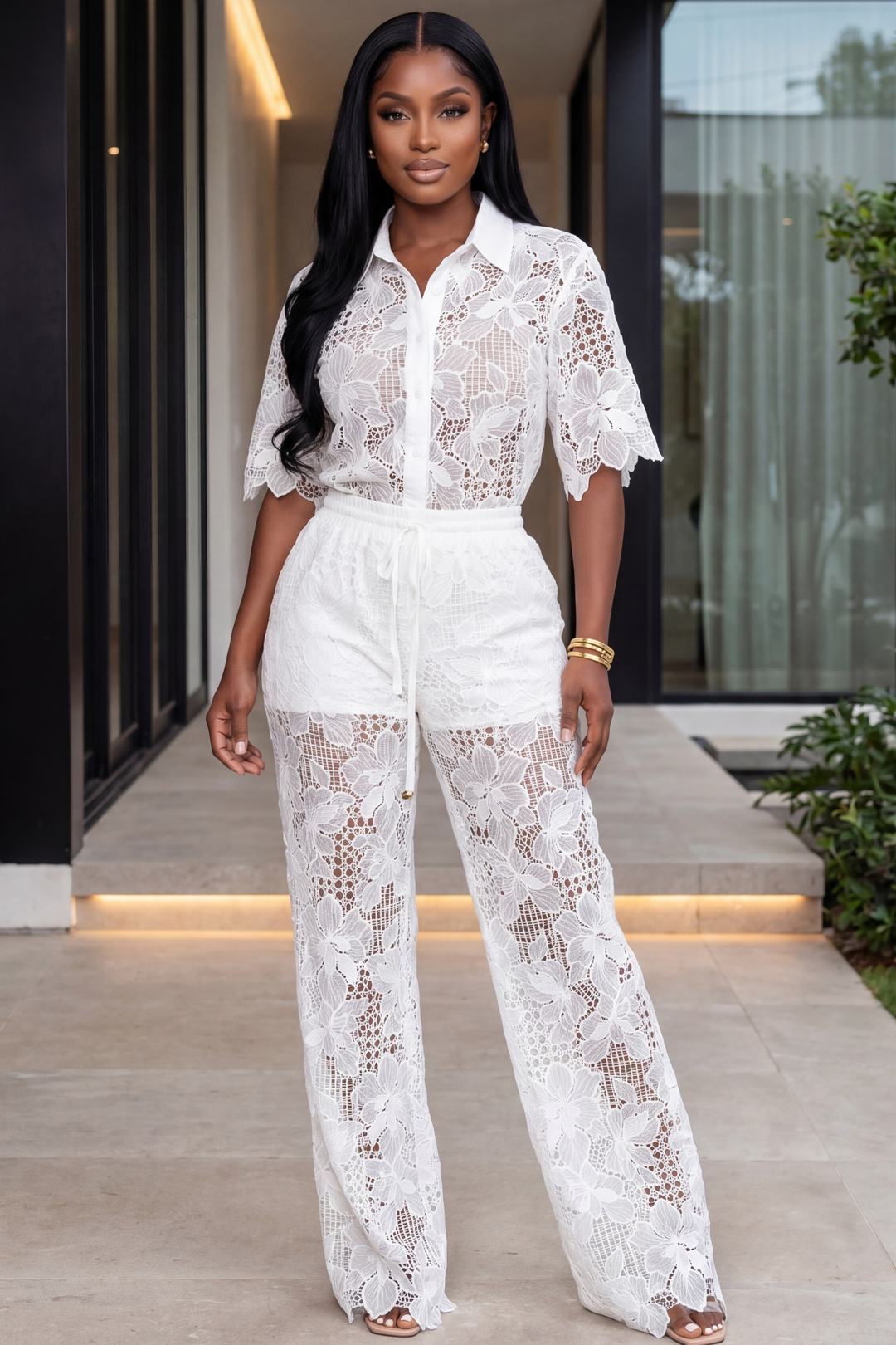 The Floral Mirage Lace Pants Set [White]