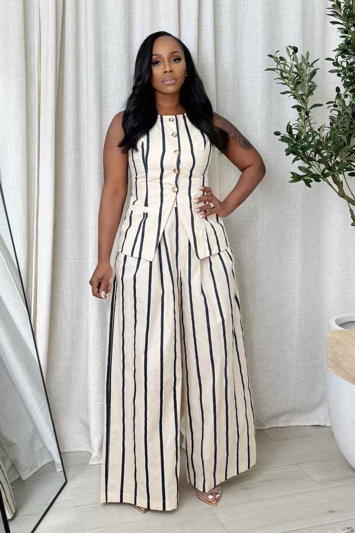 Pin Stripe Palazzo Pant & Vest Set (Ivory & Navy)