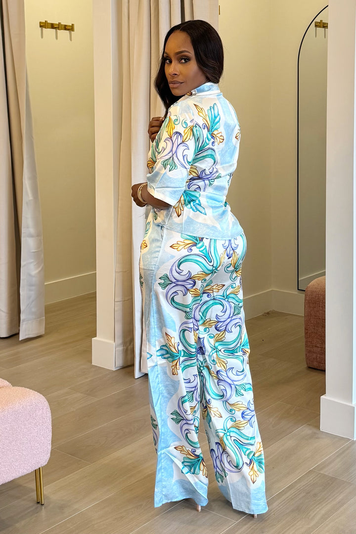 Paisley Printed Pant & Shirt Set (Blue Multi)