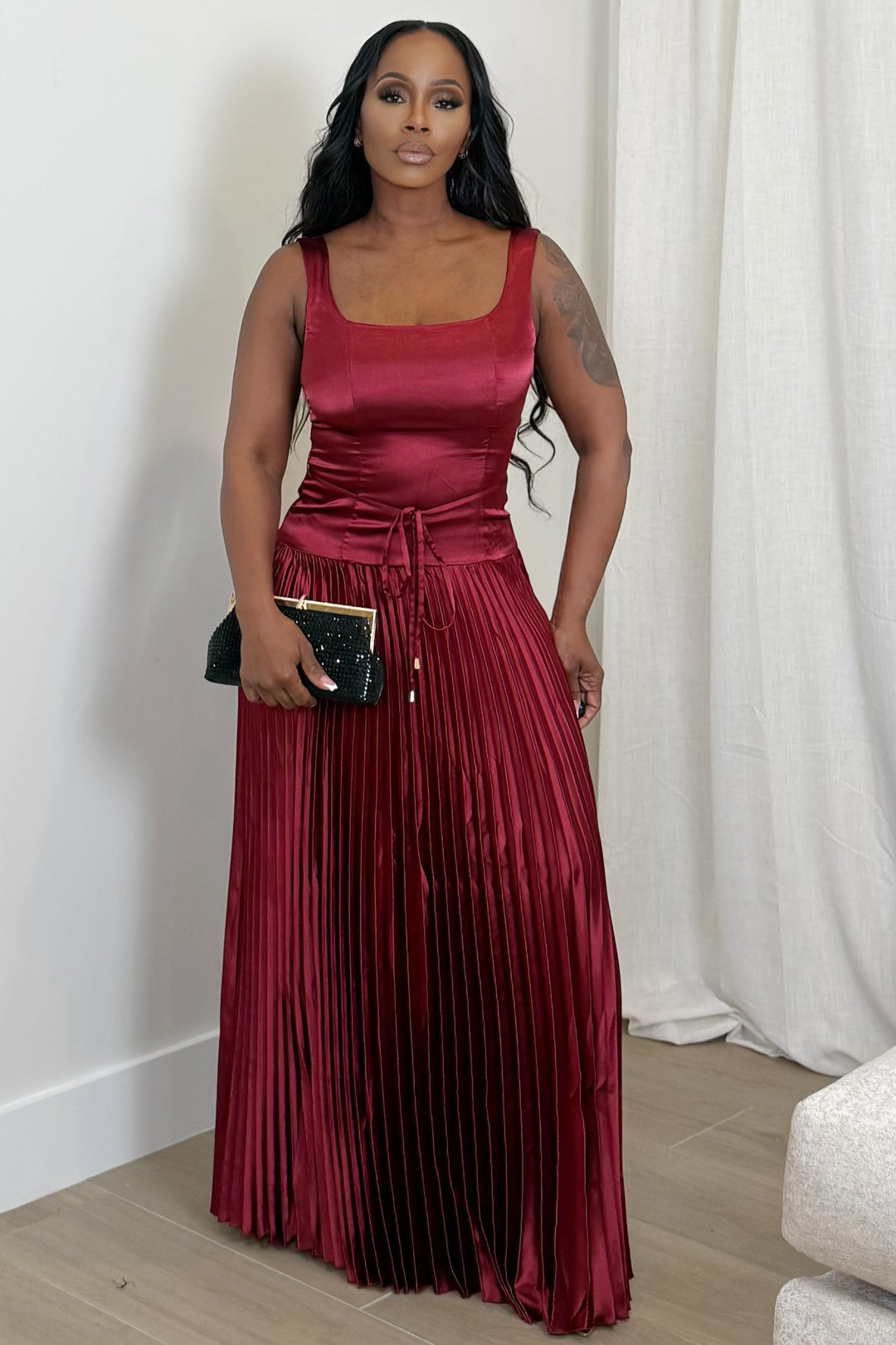Bordeaux Pleat Elegance DRESS (Burgundy) Polkadotz Boutique Bordeaux Pleat Elegance DRESS (Burgundy) Polkadotz Boutique