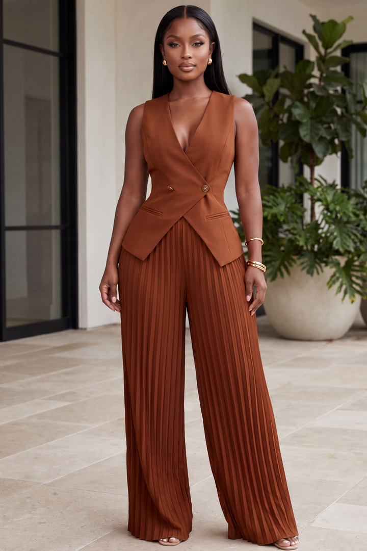 The Sienna Tailored Plissé Pleated Pants Set [Rust]