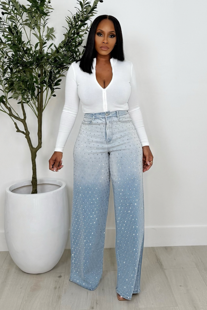 Studded Gems High Waist Denim (Light Wash)