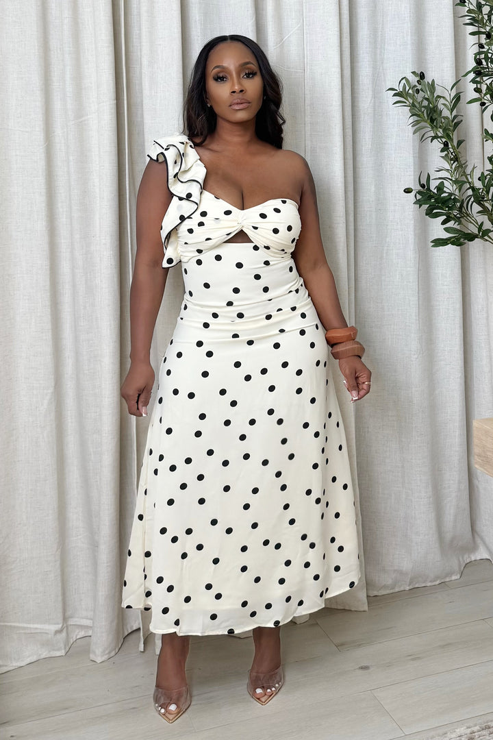 Don’t Ruffle My feathers one shoulder midi dress (Black & Cream)