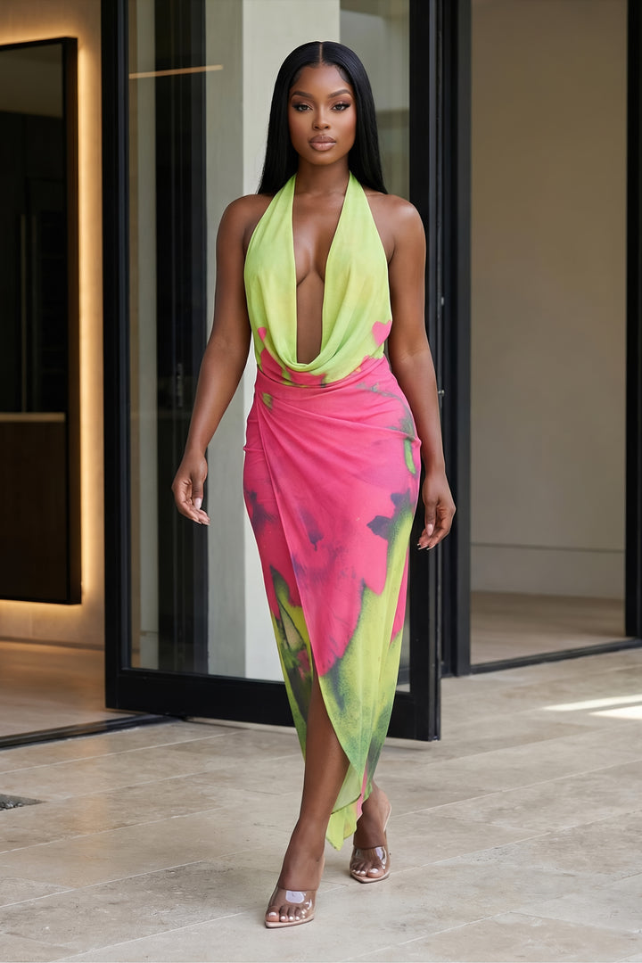 Tropical Temptation Halter Dress [Lime/Pink Print]