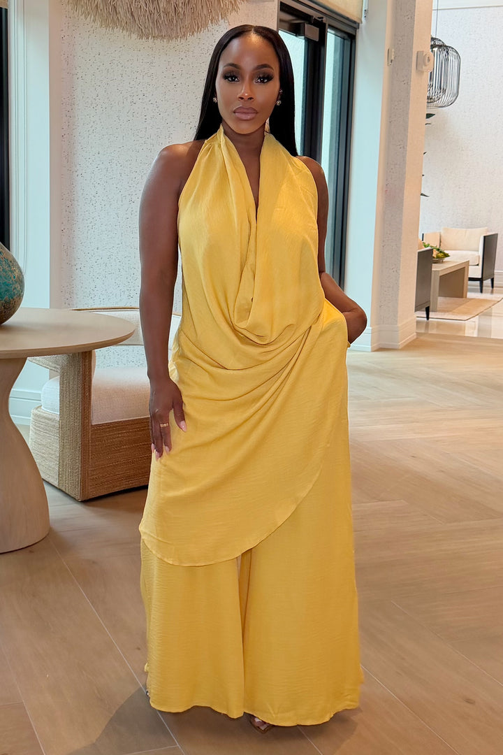 The Riviera Cowl Halter Wide Leg Set [Yellow]