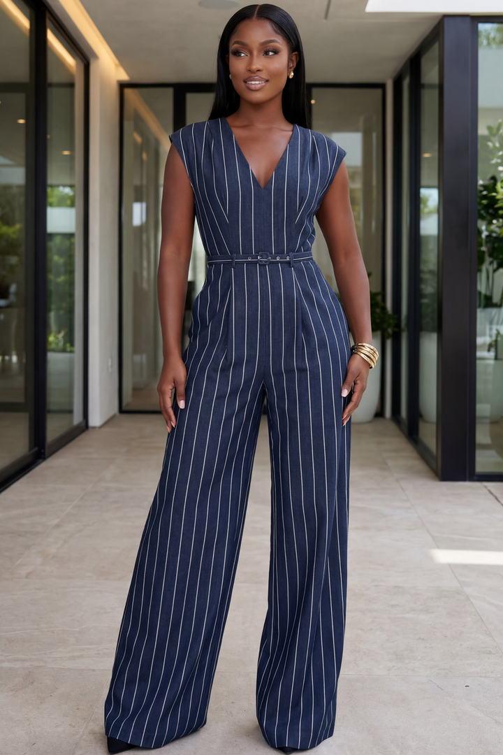 The Executive Pinstripe Jumpsuit [DarkWash]