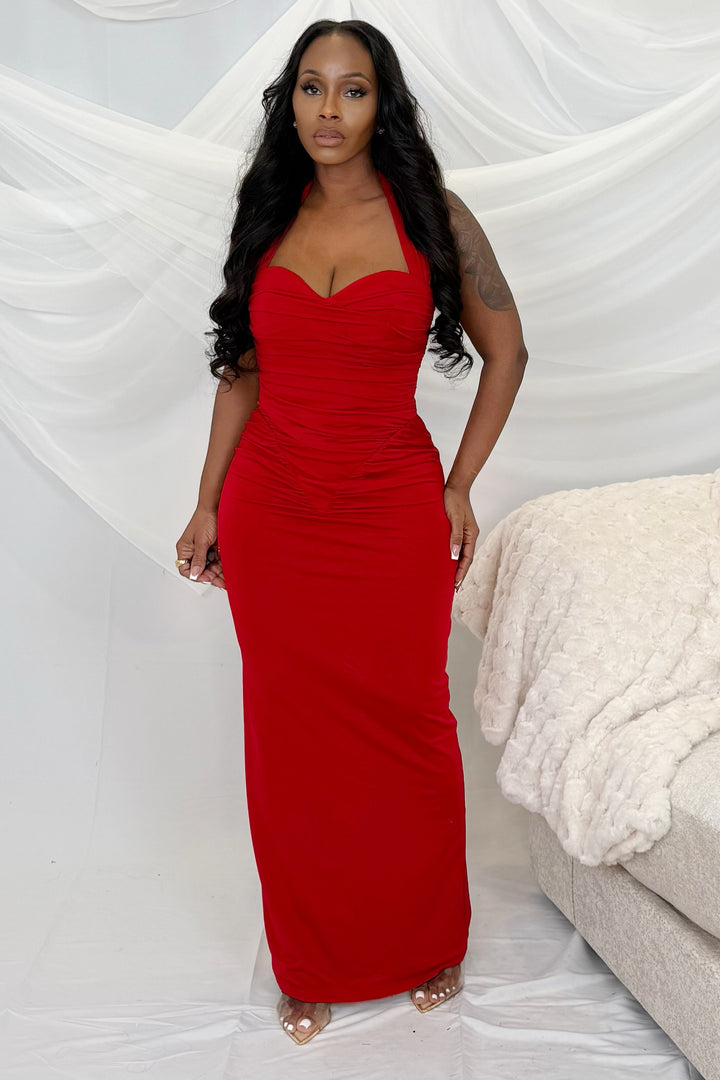 RUCHED JERSEY CORSET DRESS (Red)