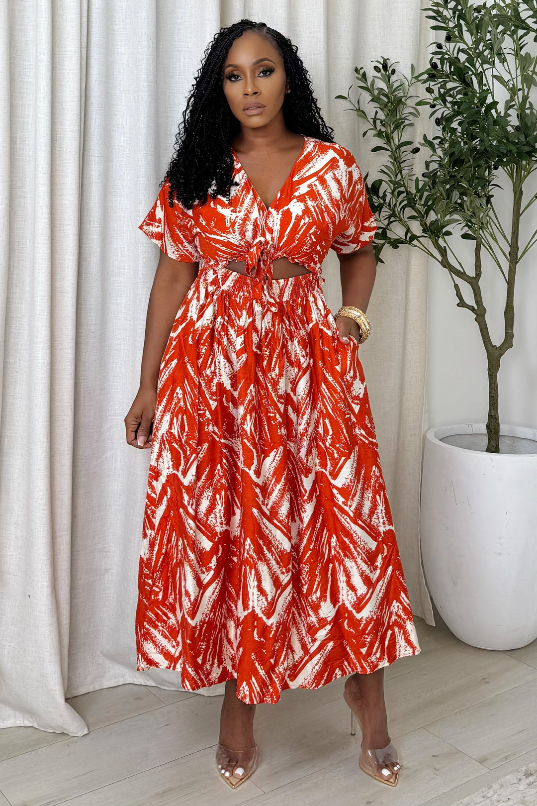 Cut Out Mid Section Midi Dress (Orange & White) Polkadotz Boutique Cut Out Mid Section Midi Dress (Orange & White) Polkadotz Boutique