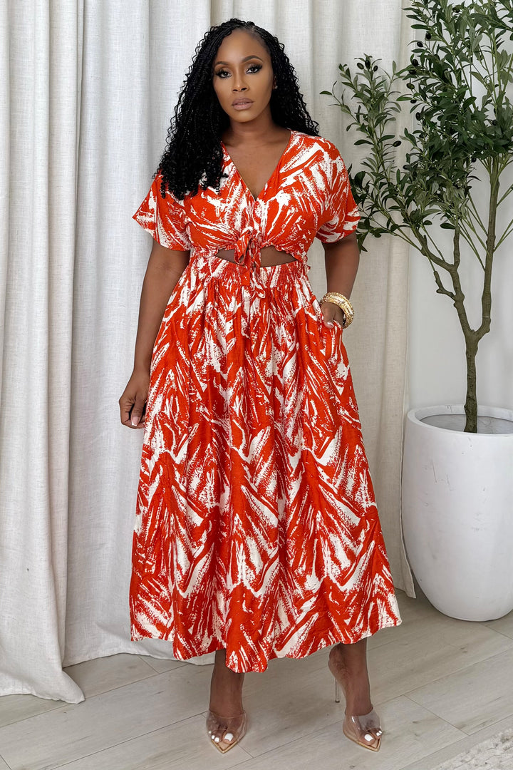 Cut Out Mid Section Midi Dress (Orange & White)