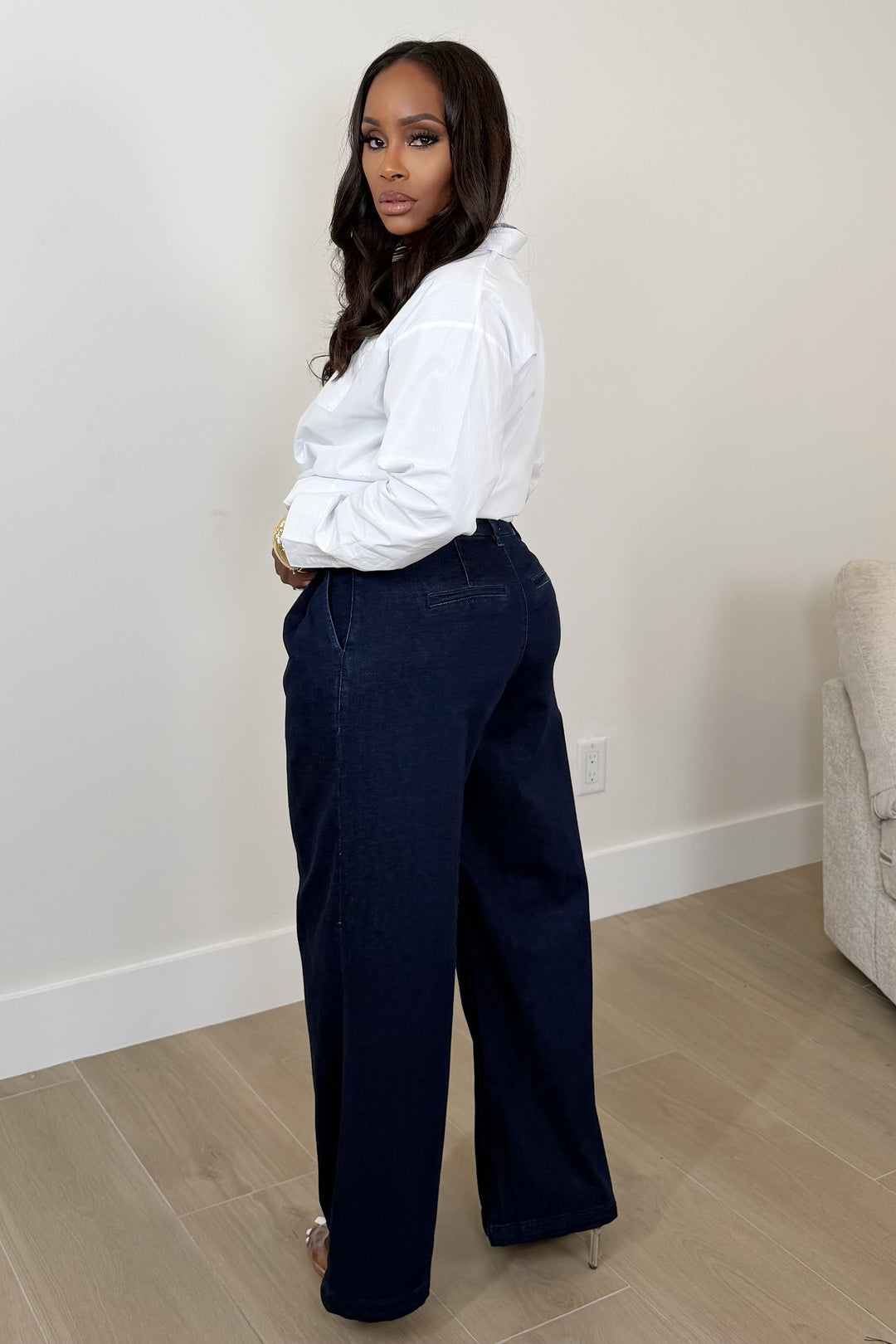 Slouchy Palazzo Wide-Leg Denim Trousers [Dark Indigo]