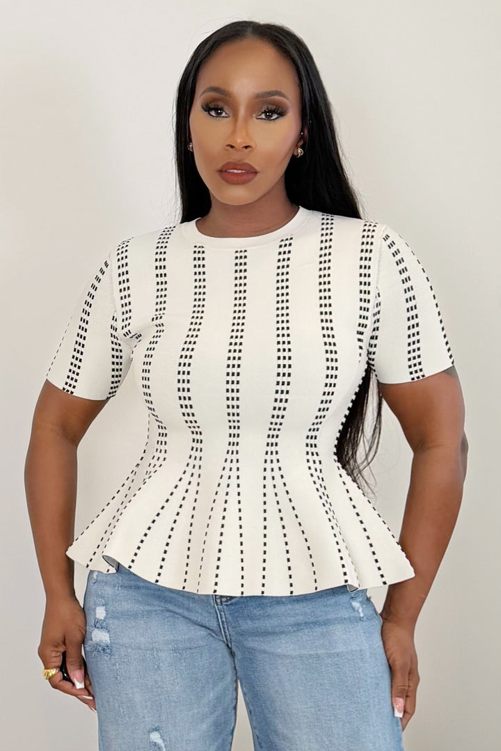 Tailored Dot Peplum Top [Ivory Black Stitch]