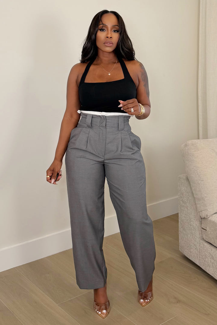 Mid-Rise Pin-Tuck Waist Contrast Suit Pants [Grey]